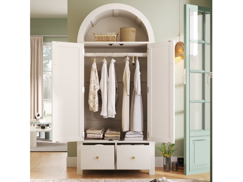  Armoire style campagne avec 2 portes, 2 tiroirs, penderie et niche ouverte pour chambre, mdf blanc, 78 × 45 × 181 cm  - Conforama C