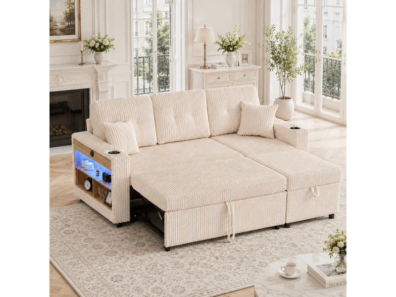 Canapé convertible velours côtelé 3 places avec rangement, lit d'appoint, led, port usb-c et porte-gobelets, 196 cm - Conforama D
