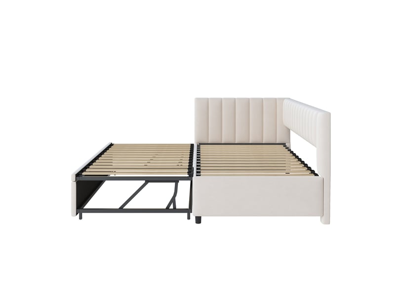  Lit enfant gigogne 90x200cm, gain de place, tête de lit confort, style moderne, velours beige, sans matelas  - Conforama E