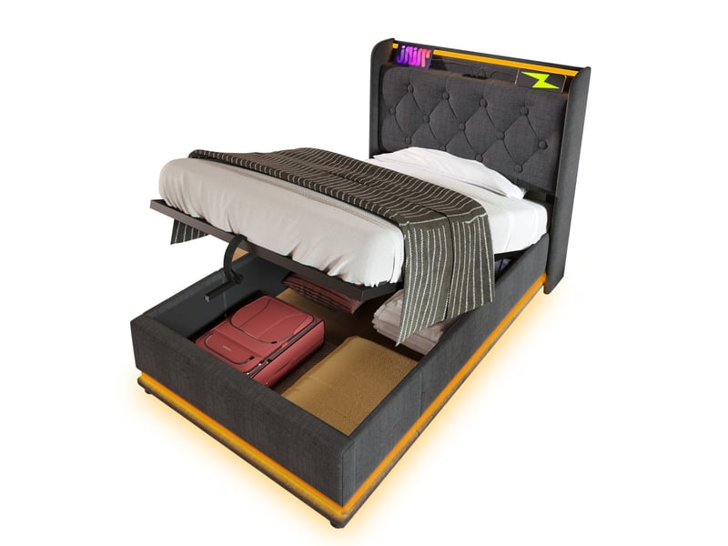  Lit rembourré tcqpz 90 x 200 cm led rangement hydraulique usb type-c gris  - Conforama A