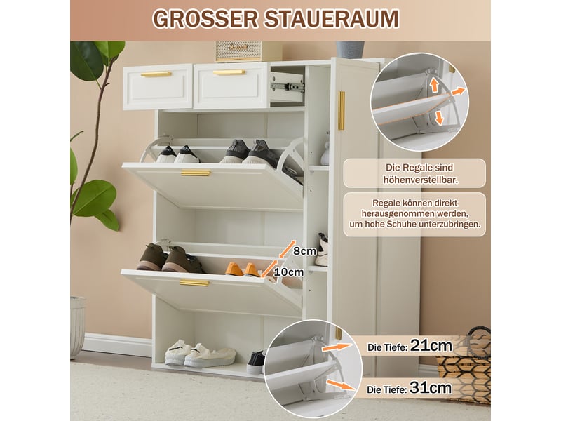 Meuble à chaussures 95x24x107 cm, capacité 15 paires, deux tiroirs et étagères modulables blanc - Conforama W