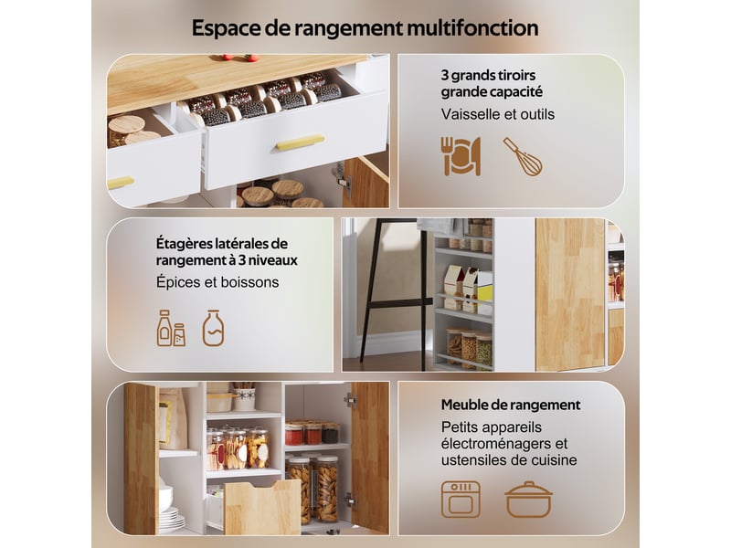  Îlot de cuisine mobile 120 x 4571 x 90 cm avec plateau rabattable, 3 tiroirs, étagères et roulettes, blanc et bois  - Conforama D