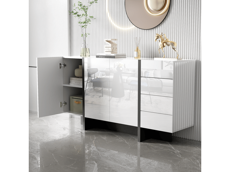  Buffet 150x40x80 cm, meuble de cuisine avec 3 portes, 4 tiroirs et étagère réglable, facile à nettoyer, mdf, blanc  - Conforama W