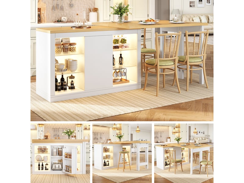  Îlot de cuisine extensible 120–197x40x72 cm avec plateau pivotante 360°, rgb led, rangement vitré et étagère réglables, blanc  - Conforama B