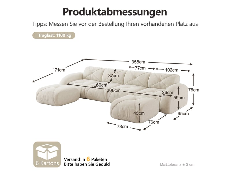 Canapé modulable panoramique 4 places en chenille beige clair avec 2 poufs - Conforama C
