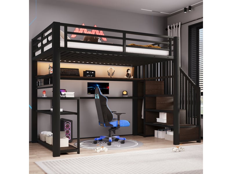  Lit surélevé gamer 90x200 cm, éclairage led multicolore, penderie, bureau intégré, espaces de rangement, noir  - Conforama E