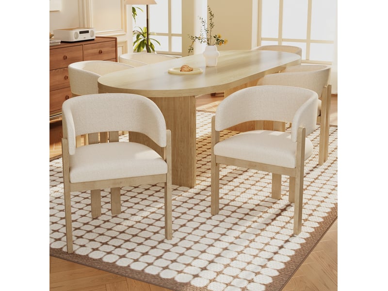  Lot de 6 chaises de salle à manger avec accoudoirs en tissu bouclé beige et naturel  - Conforama B