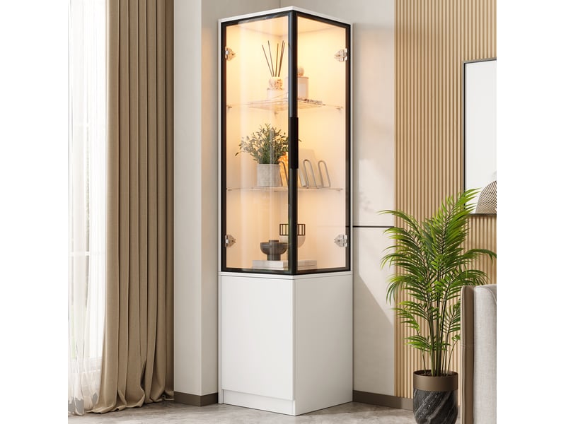  Vitrine d’angle 40x40x160 cm blanche avec led pilotée par application  - Conforama B