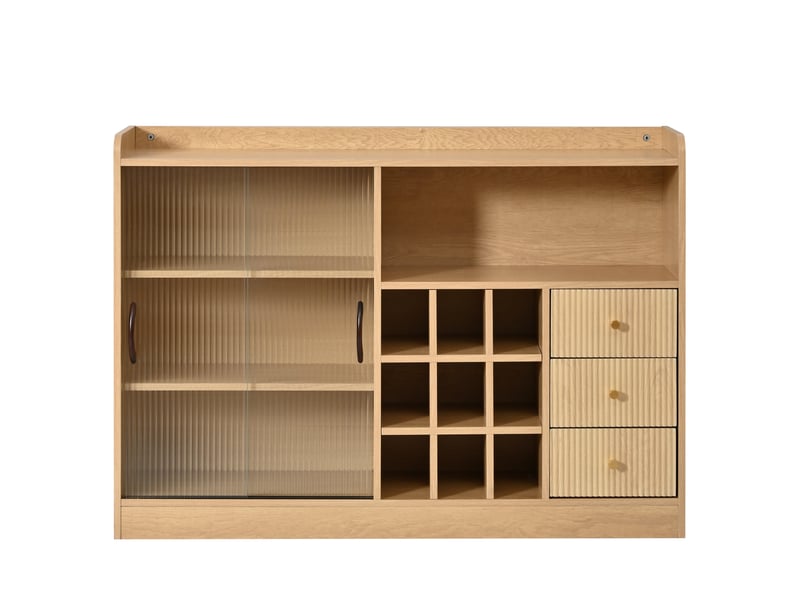  Buffet bas 120x30x85 cm, meuble bar avec porte-bouteilles, led connectée, portes vitrées coulissantes et 3 tiroirs, panneaux de particules, naturel OMNIGLINT TRADING LTD - Conforama A