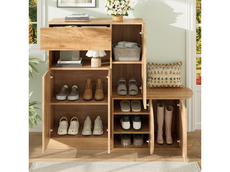 Meuble à chaussures 130x35x110,5 cm avec banquette, 5 portes, 1 tiroir et niche ouverte, grand rangement - Naturel Fay Lum - Conforama D