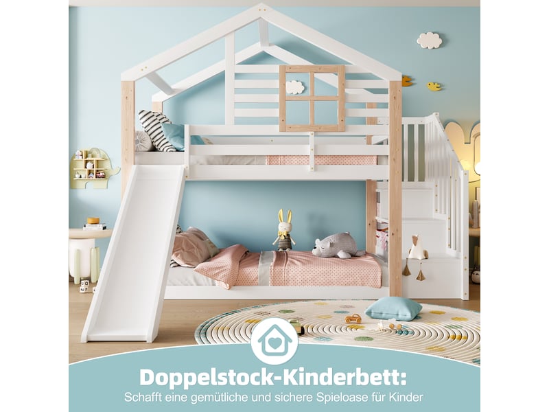  Lit superposé enfant 90x200 cm en bois massif, avec toboggan, escalier et rangements — style scandinave  - Conforama D