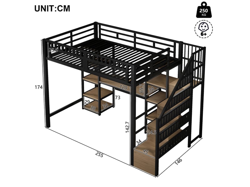  Lit mezzanine 140x200 cm avec bureau, rangements, led et usb noir  - Conforama C
