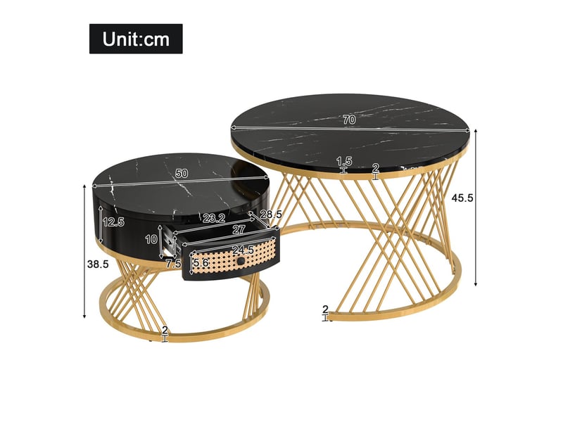  Table basse 70*70*45.5 -sogeu- plateau marbre, tiroirs en rotin plastique, pieds en fer doré, 70x70x45.5 + 50x50x38.5 cm  - Conforama C