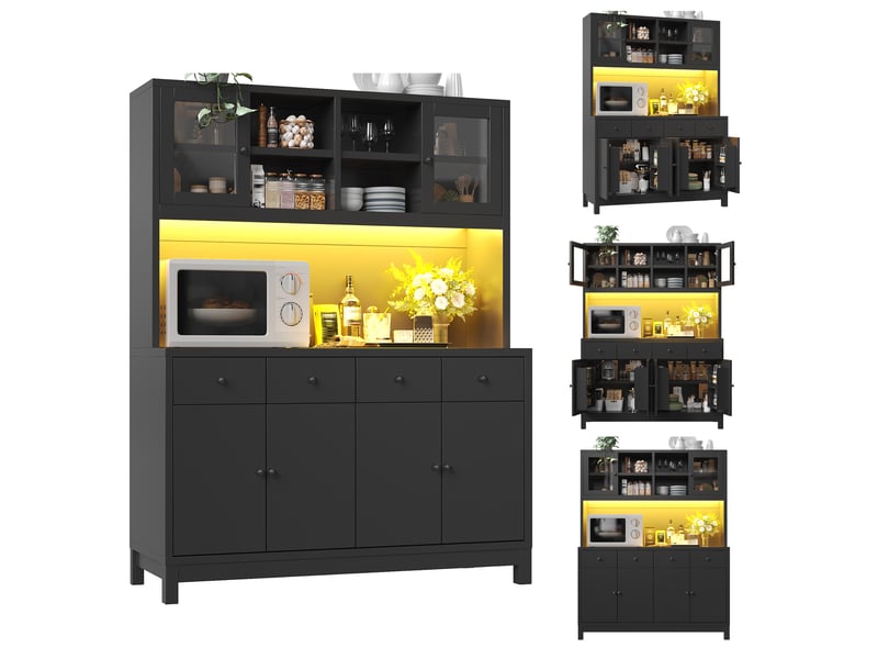  Buffet haut 140 x 38,5 x 180 cm avec led rgb pilotée par application, portes vitrées et 4 tiroirs, noir  - Conforama A