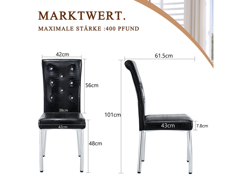 Chaise de salle à manger lot de 2 rembourrée à boutons cristal - pieds métal pvc noir - Conforama D