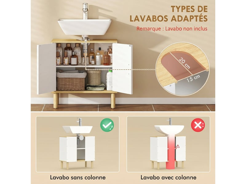  Meuble sous lavabo 2 portes 1 étagère blanc et ton chêne 60 x 30 x 61 cm  - Conforama D