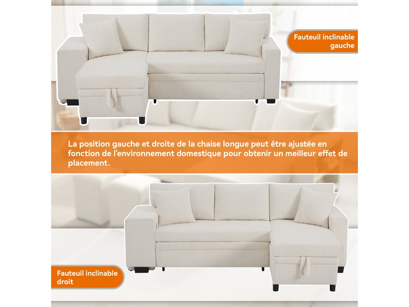 Canapé d'angle convertible 3 places en velours côtelé, usbtype-c, rangements, 231×131,5×84 cm - Conforama R