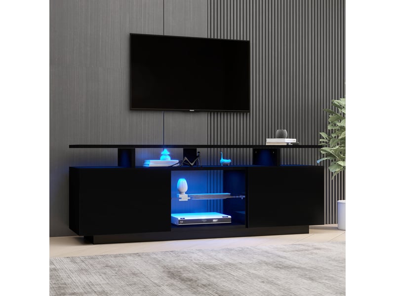  Meuble tv 140 cm noir brillant avec éclairage led 16 couleurs, porte vitrée, design moderne - conforama  - Conforama B
