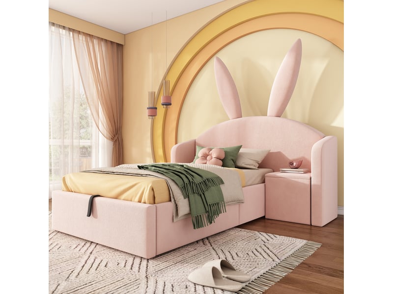  Modenvie lit enfant coffre 90x200 cm - table de chevet réversible, rangement hydraulique, sans matelas - rose  - Conforama B