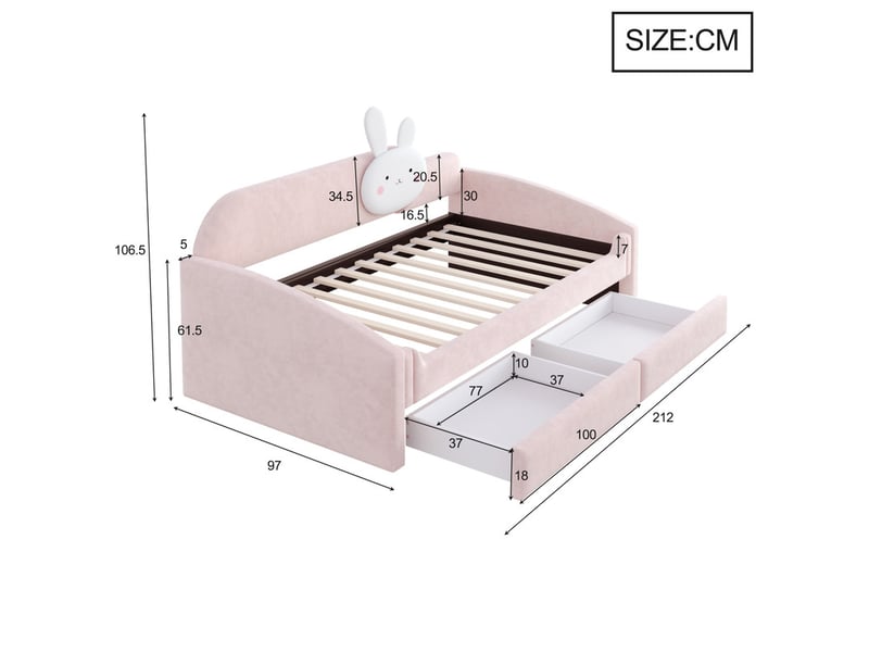  Lit enfant rembourré 90×200cm canapé lit lit capitonné en velours avec led dossier lapin 2 tiroirs - rose  - Conforama E
