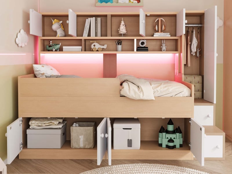 Lit enfant avec barrières de sécurité, 90 x 200 cm, comprenant des compartiments de rangement, une armoire, naturel  - Conforama B