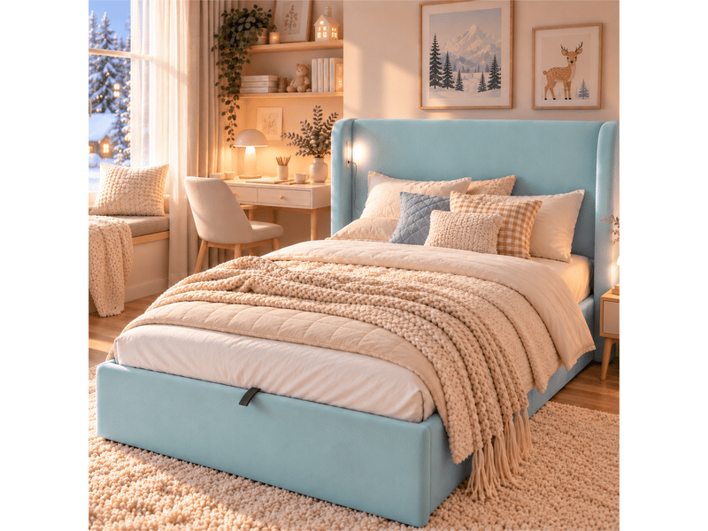 Lit coffre enfant en velours 90x200 cm avec rangement hydraulique, sommier à lattes, tête de lit et éclairage led, avec ports usb et usb-c - bleu - Conforama E
