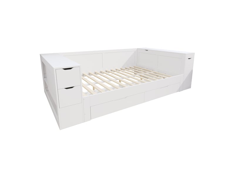  Elvmi lit enfant 140x190 cm blanc avec tiroirs, rangement latéral et table de chevet coulissante, structure stable en mdf, couchage multifonction pour chambre d'enfant, adolescent, petit appartement ou espace multifonctionnel, a…  - Conforama A