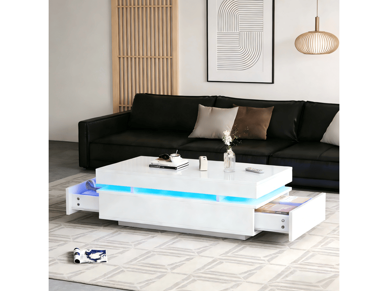  Table basse avec 2 tiroirs et led pour salon en bois d'ingénierie blanc laqué brillant moderne 100 × 50 × 35 cm  - Conforama D