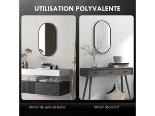 Miroir ovale mural cadre en aluminium style minimaliste montage vertical ou horizontal avec 3 crochets noir 40 x 70 cm