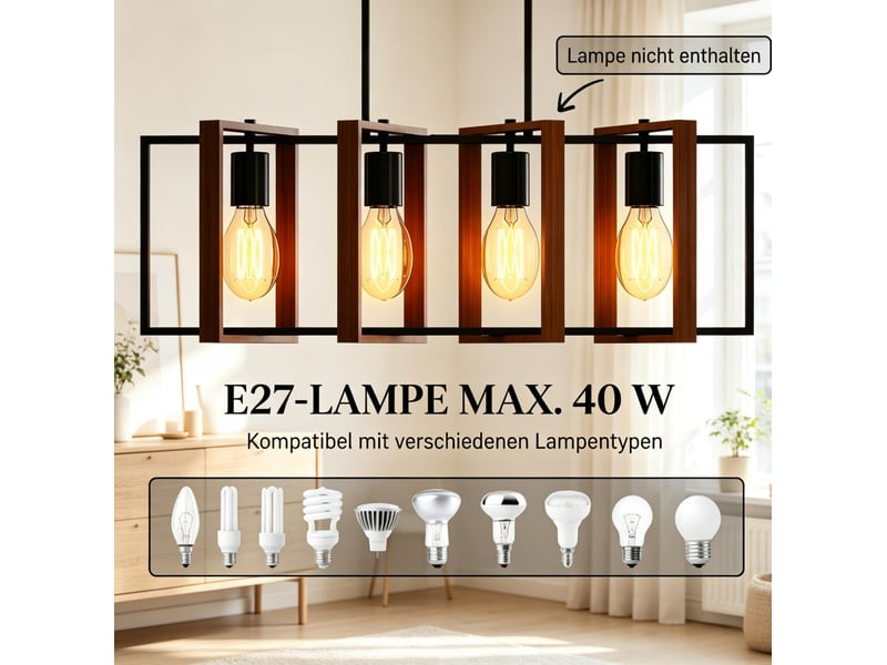  Suspension 4 lumières 80 x 21 x 90-130 cm noire en acier et bois, quatre cadres orientables, hauteur réglable  - Conforama E