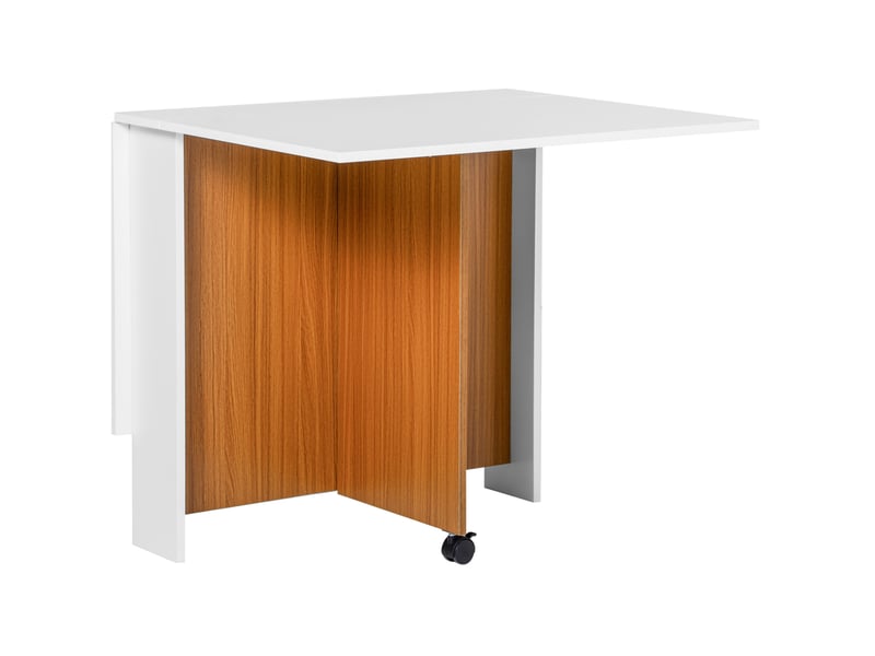  Table de salle à manger pliante mobile avec plateau rabattable et roulettes en contreplaqué blanc décor bois brun  - Conforama A