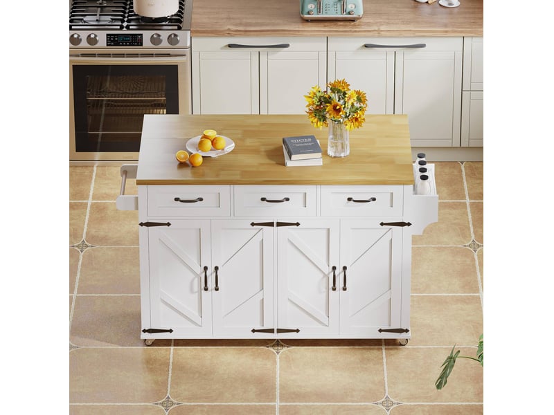  Îlot de cuisine mobile 140 x 4370 x 90,5 cm, 4 portes, 3 tiroirs, blanc naturel  - Conforama E