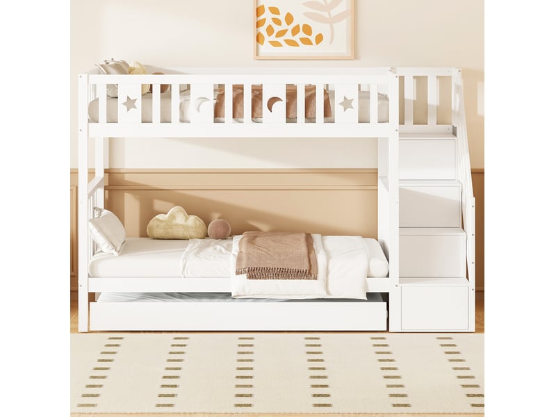 Lit superposé enfant 90x200 cm – blanc – lit gigogne 90x190 cm, escalier de rangement, sans matelas - Conforama B