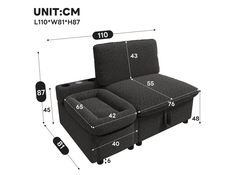 Fauteuil 1 place 110x81x87 cm, canapé avec rangement, rangement dissimulé, rangement intégré, ports usb et type-c, design moderne, tissu peluche gris OPULERANE TRADING LTD - Conforama C