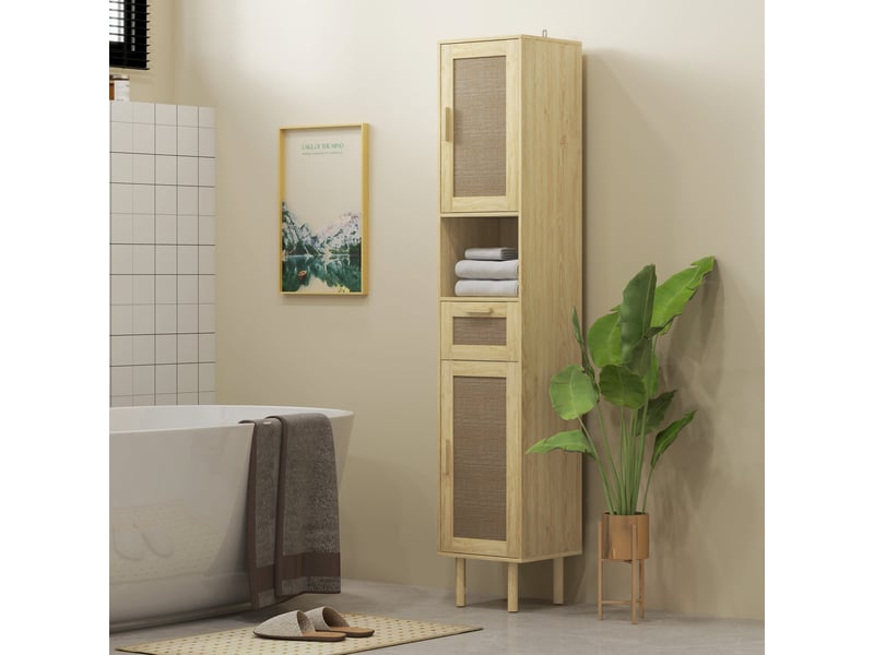 Colonne salle de bain meuble de rangement avec portes en rotin tiroir 2 placards 32x30x170cm chêne  - Conforama D