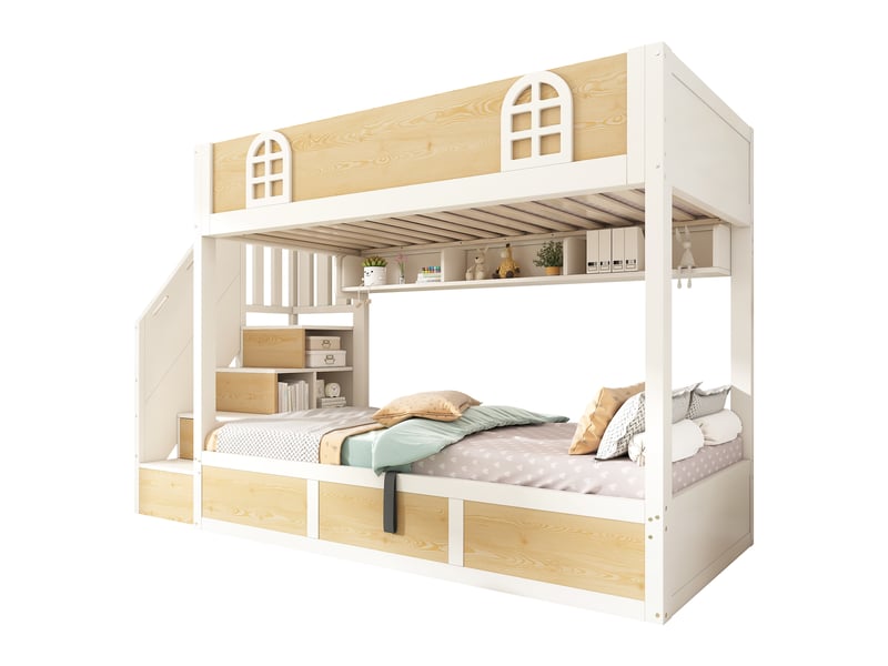  Lit superposé 90 × 200 cm 2 places avec coffre, escalier rangement et étagères, sans matelas, blanc et naturel  - Conforama A