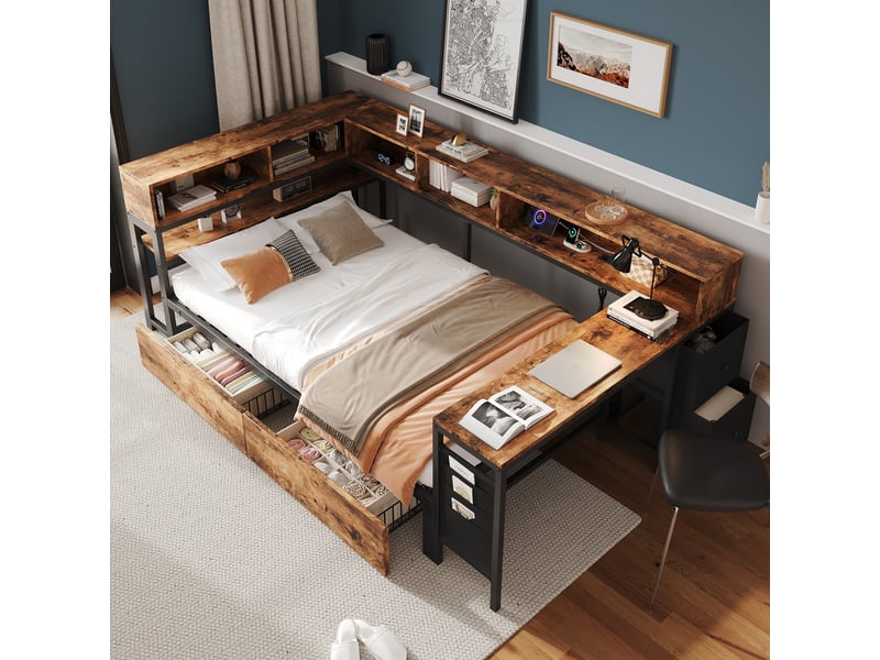  Lit 120 x 200 cm en métal, 2 tiroirs, étagères, port de charge, table latérale, poches et tiroirs en tissu, noir et bois  - Conforama E