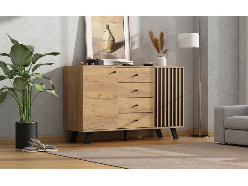 Buffet moderne 120cm - 4 tiroirs, 2 portes, 5 pieds en bois massif - couleur bois - Conforama B