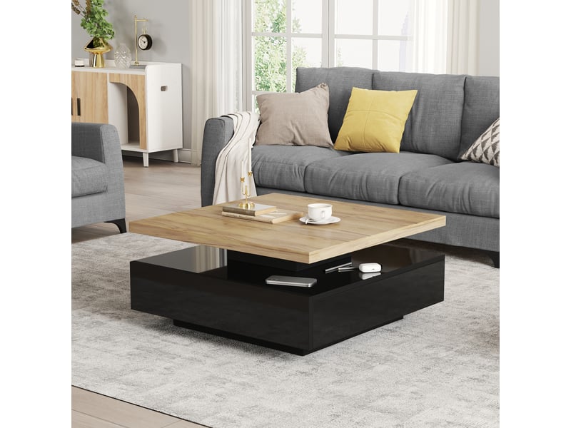  Table basse carrée pivotante 360° avec tiroir, table de salon 70x70 cm, finition noir brillant et noyer  - Conforama D