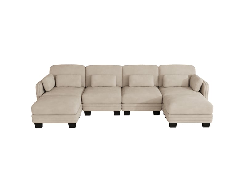 Canapé modulaire en u 4 places 330x143x88 cm, tendre et élastique, assise spacieux profonde, 2 poufs, tissu en chenille, café clair - Conforama A