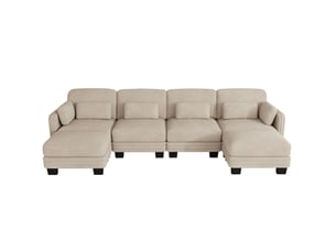 Canapé modulaire en u 4 places 330x143x88 cm, tendre et élastique, assise spacieux profonde, 2 poufs, tissu en chenille, café clair