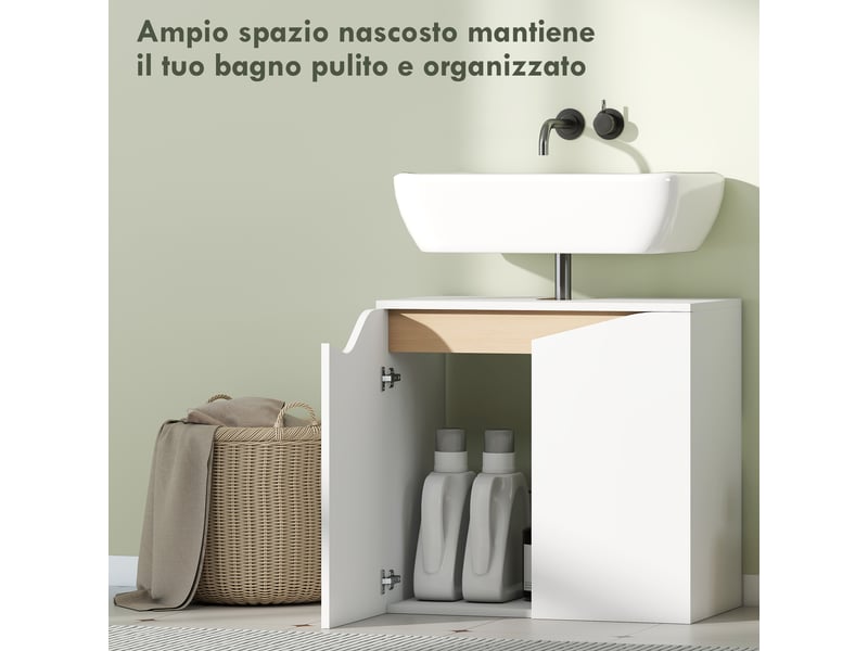  Meuble sous lavabo 60 x 35 x 57,9 cm, 2 portes à fermeture douce, blanc et bois naturel  - Conforama W