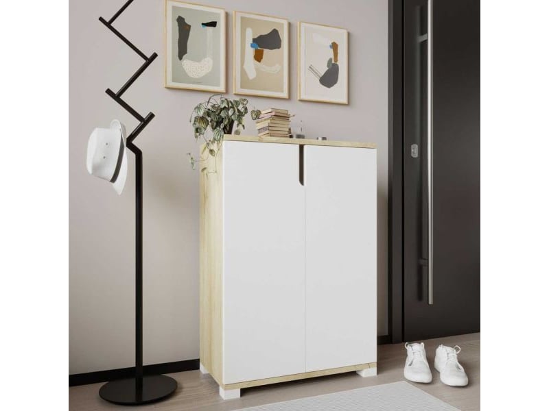 Meuble à chaussures 2 portes en aggloméré venedik blanc et chêne  - Conforama E