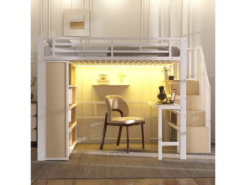  Lit mezzanine 140 x 200 cm sans matelas, structure métal, bureau, rangement, led, escalier avec coffre, blanc  - Conforama D