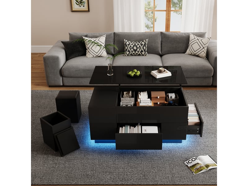  Table basse relevable 100x50 cm noire brillante avec led, 2 poufs et rangement caché  - Conforama E