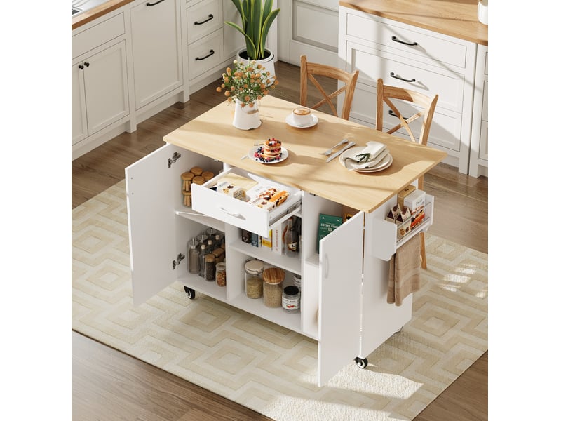 Desserte de cuisine 120x43,5x92,9 cm, plateau rabattable et structure en mdf, meuble de cuisine, blanc et chêne clair - Conforama B