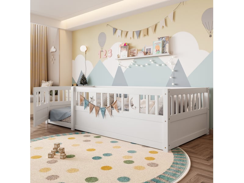  Lit enfant à barrières 90x190 cm blanc en pin et contreplaqué  - Conforama D