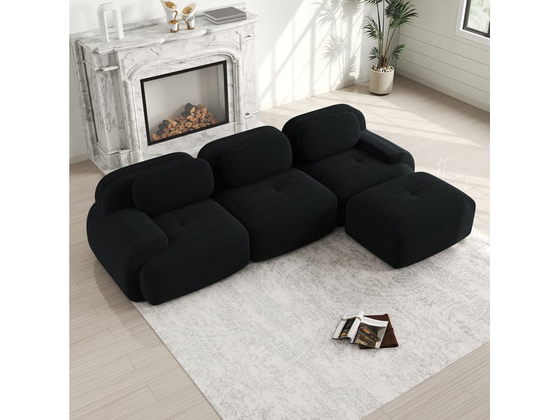  Canapé d'angle modenvie modulable 3 places sans cadre en velours côtelé noir 298 x 178 cm  - Conforama D