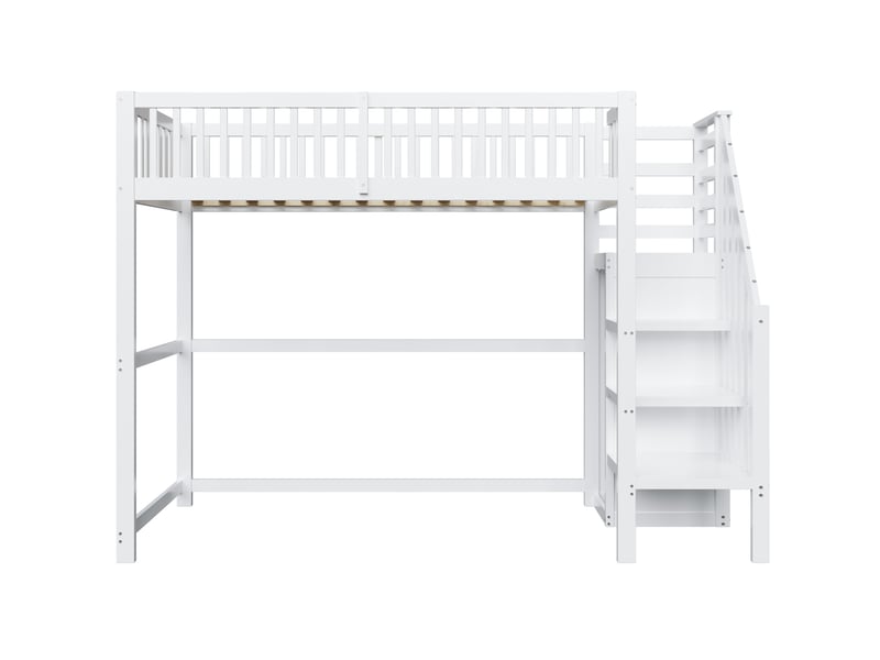  Lit mezzanine avec escalier, bois blanc, 90x200 cm, étagères et penderie intégrées  - Conforama A