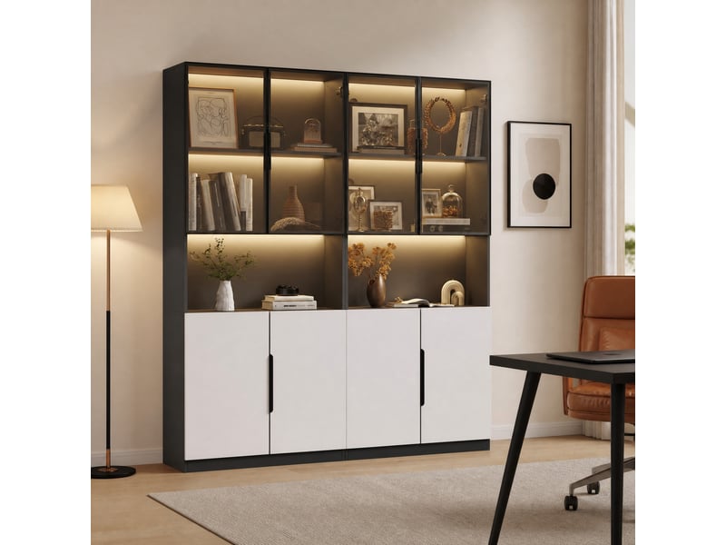  Vitrine avec portes vitrées, rangement ouvert et éclairage led réglable, en panneaux de particules blanc et noir, 160 × 30 × 200 cm  - Conforama C